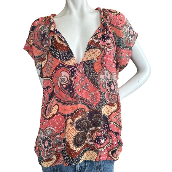 A.L.C. Tops - A.L.C. “June” Orange & Pink Paisley Floral 100% Silk Short Flutter Sleeve Top 10